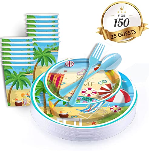 Beach Party Supplies Tableware Set, 25 Set Summer Pool Party Disposable Dinnerware Tablecloth - Paper Plates Napkins Cups, Plastic Forks Knives Spoons For Kids Picnic, Bbq, Baby Shower Birthday Party #TOP4