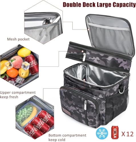 Image of MIYCOO Lunch Bag & Lunch Box for Men Women, Double Deck Leakproof Insulated Soft Large Adult Camping Cooler bag for Work, Beach, Picnic, Travel (Black Camo, 15L)