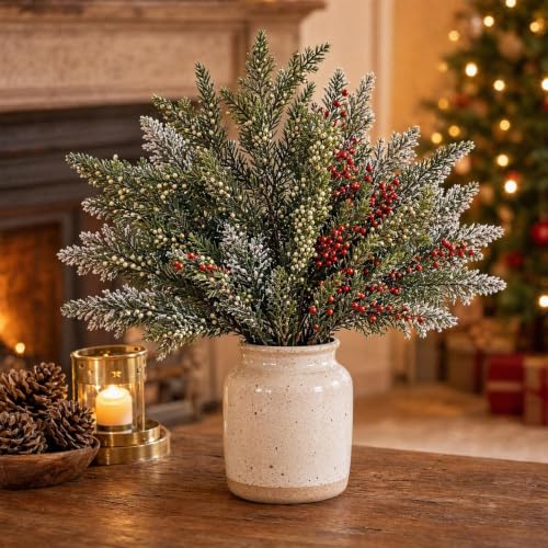 Faux Cedar Branches W/ Red White & Gold Berries Christmas Picks and Sprays | 19'' Artificial Pine Stems for Table Centerpiece Thanksgivng Christmas Wreaths Garland Bedroom Living Room Winter Home Decor - image 1