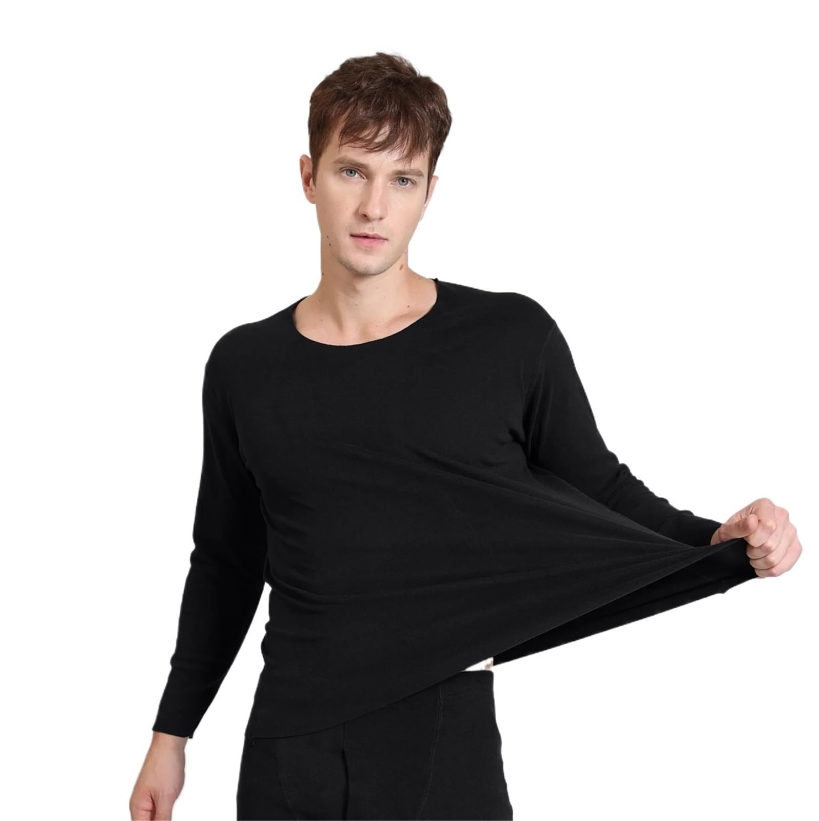 Conjuntos Térmicos Para Hombre Otoño Invierno ropa interior térmica de manga larga sin costuras for hombre talla grande cuello redondo ropa fina de otoño Top Para El Running, El Esquí(Black,7XL (135-1