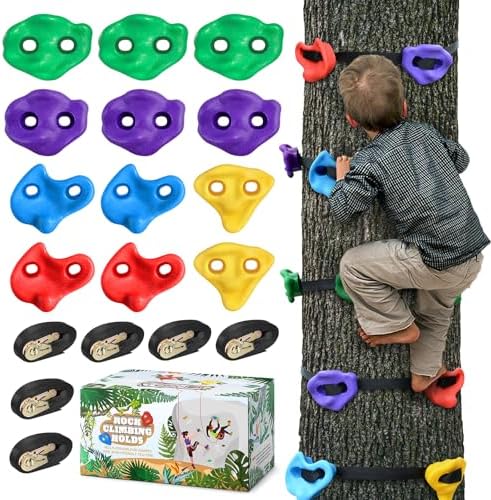 TOPNEW 12 Ninja Tree Climbing Holds for Kids Climber, Adult Climbing Rocks with 6 Ratchet Straps for Outdoor Ninja Warrior Obstacle Course Training
