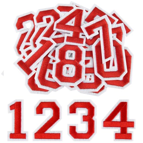 Morcheiong 40 Pcs Iron on Number Patches 0-9 2 Inch Iron on Embroidered Numbers for Clothing Pants Hats Bags- Red