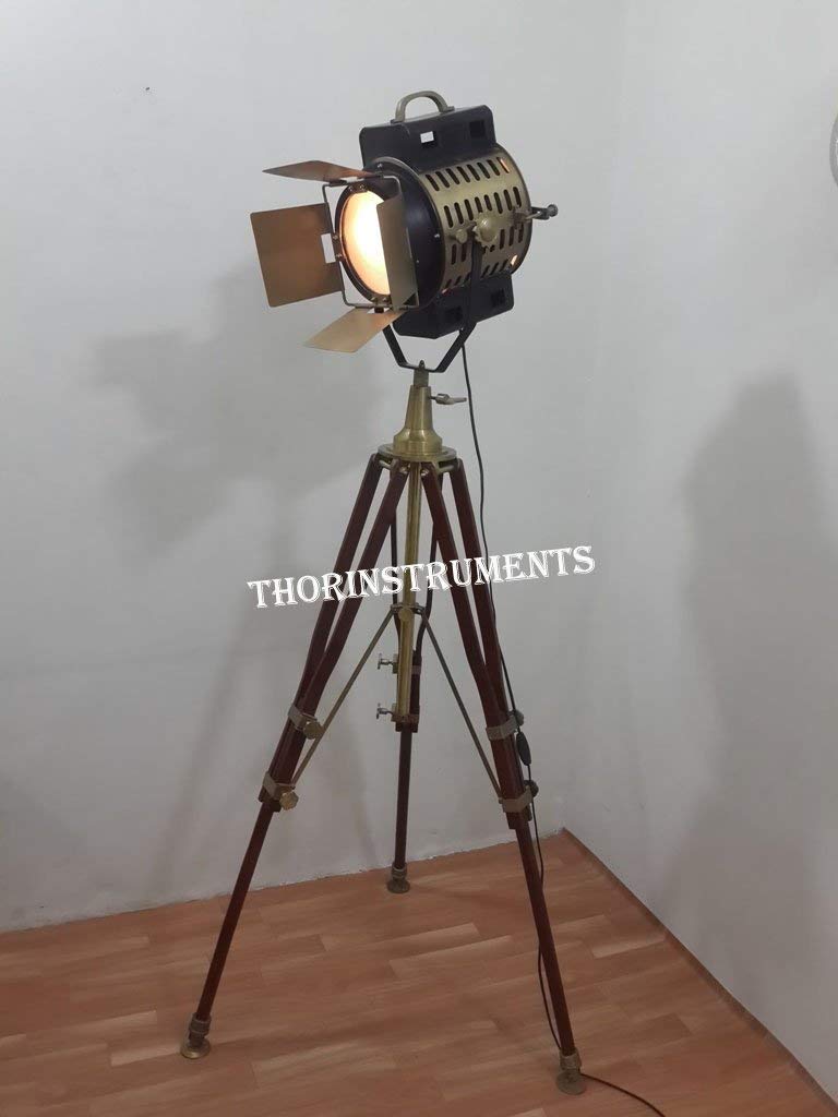 THOR INSTRUMENTS Vintage Theater Studio Spot Light Designer Antique Heavy Wooden Tripod Stand Rustic Vintage Home Decor Gifts