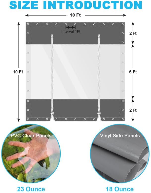 clear vinyl curtains with zippered entry, 23oz heavy duty waterproof anti-uv and tear-resistant tarpaulin with grommets, weatherproof panels for porch, pergola, gazebo, balcony, patio, enclosure gray (double zipper) 10'h x 10'w