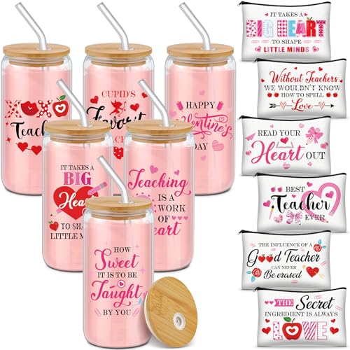 SilTriangle 12 Pcs Valentine's Day Teacher Appreciation Gift for Women with 16 oz Valentines Glass Coffee Cups Cosmetic Bags Present Tumbler Makeup Bags Gift for Teacher Women Office Supplies Favors by SilTriangle - Used condition - US$17.49