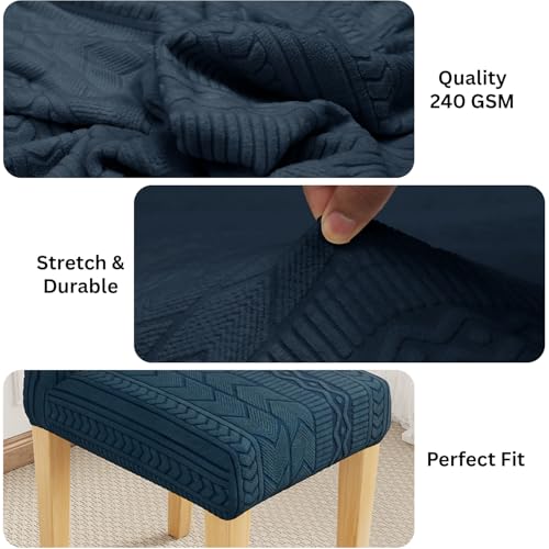 Image of Lukzer Elastic Dining Chair Cover - 4PC Pastel Marine Blue Zigzag | Textured High Stretch Jacquard Seat Cover | Removable Washable Short Dining Chair Cover Protector Seat Slipcover | (CC-139-04)