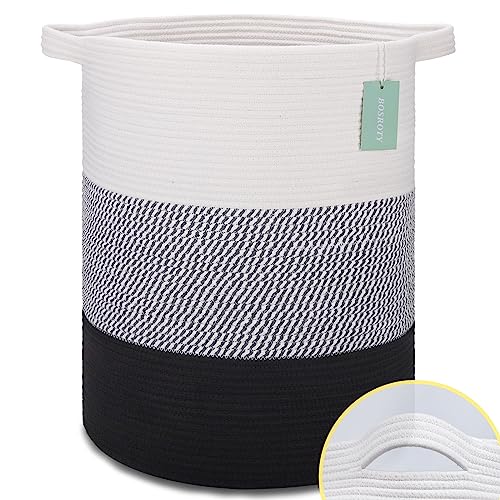 Image of Cotton Rope Blanket Basket, 72L Laundry Hamper, White& Gray& Black | 16 inchx 22 inch, Large Collapsible Woven Nursery Hamper with Sturdy Handles for Clothes Toys Towels, Bedroom Living Room Bathroom
