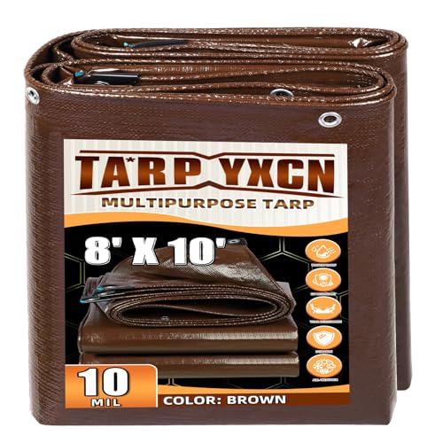Brown Tarp 8x10 Feet, 10 Mil Thick Waterproof Poly Tarps Cover UV Resistant, Rip & Tear Proof with Metal Grommets Every 20 Inches