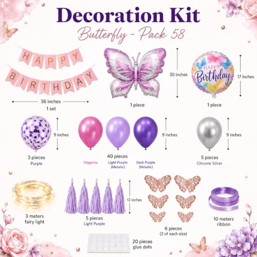 Image of AMFIN (Pack of 58) Butterfly Theme Birthday Decoration Kit Metallic Finish Women Girls Item Purple Rainbow Flower
