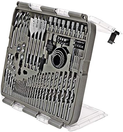 Tradespro 90-Piece Drill Bit Set with Screwdriver Bits, Hole Saws, Brad Point, Masonry, Wood Boring Bits, Carry Case with Flip Cover Stand – 835113