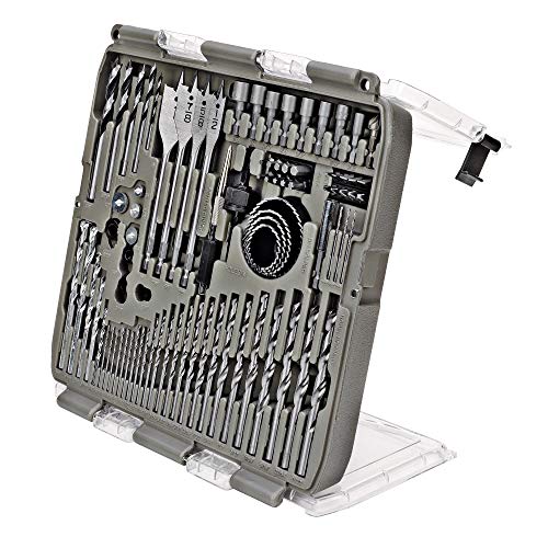 Tradespro 90-Piece Drill Bit Set with Screwdriver Bits, Hole Saws, Brad Point, Masonry, Wood Boring Bits, Carry Case with Flip Cover Stand – 835113