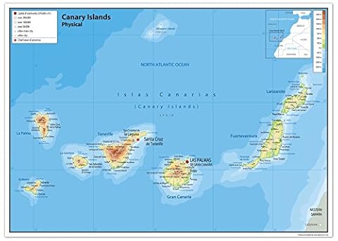 Mapa fizyczna Wysp Kanaryjskich - Rozmiar A1-59,4 x 84,1 cm - Papier laminowany