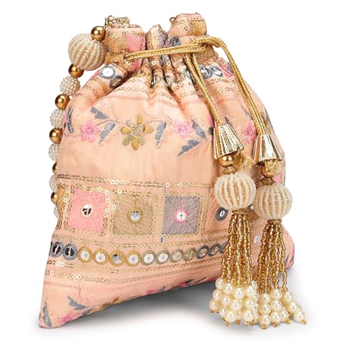 Image of LONGING TO BUY Indian Embroidered Pearl Potli Bag For Women, Sequence Design with Tassel, Wedding Potli Bags