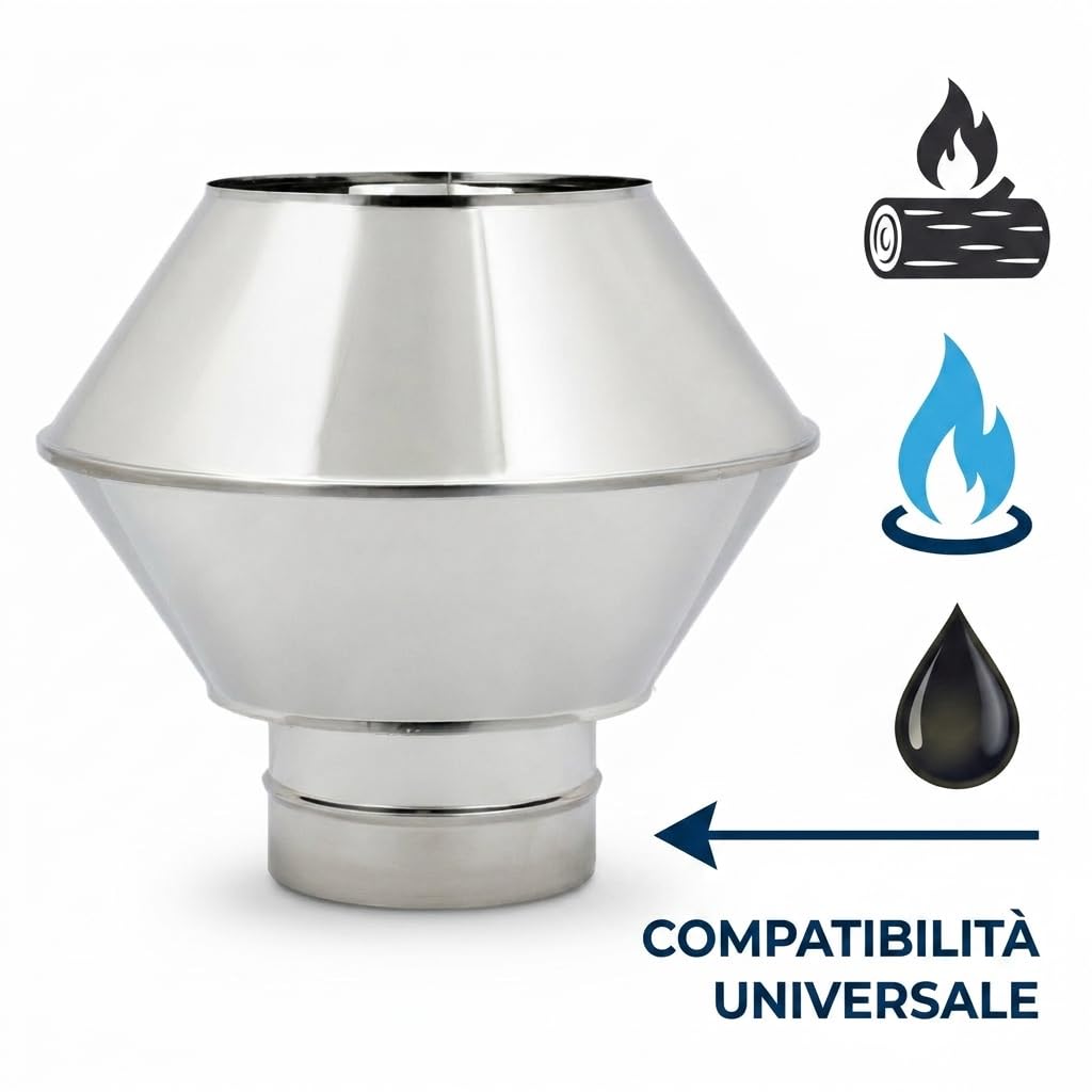 MAKA Comignolo Antivento Biconico Tondo in Acciaio Inox, Terminale per Canna Fumaria Camino Stufa a Legna Pellet e Gas, Cappello Antipioggia Aspirafumo (Ø 180 mm)
