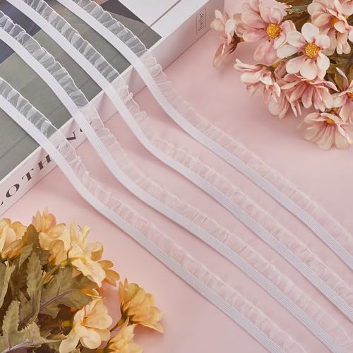 GORGECRAFT 50 Yards Elastic Ruffle Lace Trim 1.5cm Chiffon Pleated Stretch Ribbon Frilly Lace Fabric Gathered Edging Trimming for Hair Tie Headband Lingerie Underwear Sewing Crafts Home Decor White - Image 4