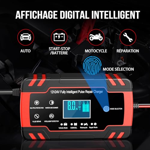Chargeur Batterie Voitures 12V/24V 8A, Maintien de Charge Auto – vue 4