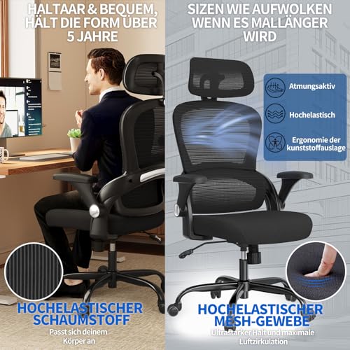 Image of TRALT Ergonomic Office Chair, Desk Chair with Adjustable Headrest, Height-Adjustable Office Chair, Office Chair, Ergonomic Desk Chair, Gaming Chair, 150 kg for Long Time, Black