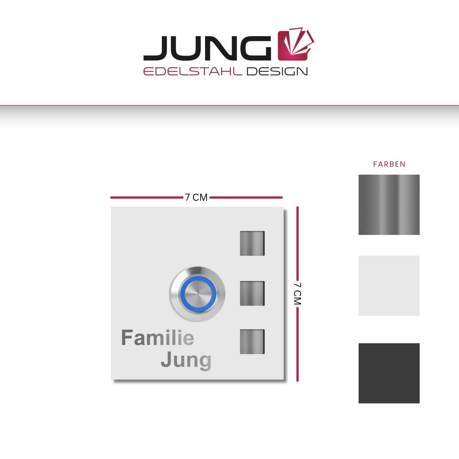 Jung-Edelstahl-Design Türklingel mit Gravur Köln Klingelplatte 7 x 7 cm. Led Taster. Weiss pulverbeschichtetes Klingelschild V2a Edelstahl. (LED grün)