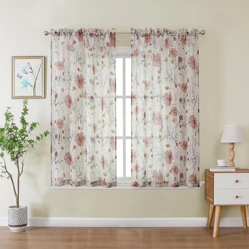 Image of OWENIE Crushed Kitchen Window Curtains 45 Inches Length 2 Panels, Elegant Farmhouse Printed Short Semi Sheer Curtains for Cafe Bathroom Bedroom, Light Filtering Rod Pocket Curtain, 42Wx45L inch