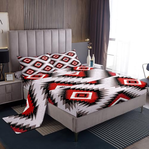 Kids Southwest Native American Design Sheet Set King Red Grey Geometric Bed Sheets Set for Boys Girls Bedroom Decor Tribal Sheets with Deep Pocket Fitted Sheet Set Women Men With 2 Pillow Case