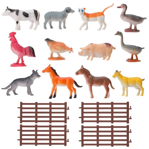 FRIUSATE 16 Pcs Farm Animals Figure 12 Realistic Toy Animals with 4 Farm Fence Educational Learning Toy for Kids 2-7 Years