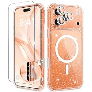 BERFY for iPhone 17 Pro Max Case for Women, Compatible with MagSafe, Clear Glitter Shockproof Protective Case, Anti-Yellowing, with Screen Protector & 3 Diamond Camera Lens Covers 6.9″, Sparkle Clear