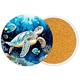 2Pcs Turtle Ceramic Coasters with Cork Base Absorbent Cup Mat for Drinks