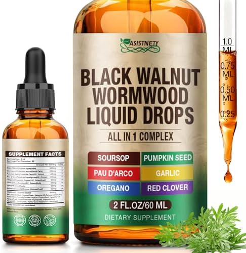 Wormwood Black Walnut Clove Cleanse for Humans Tincture, All-in-1 Herbal Liquid, Rapid Gut Detox & Digestive Health with Garlic Pumpkin Seeds Soursop Oregano, Ultra-Concentrated Liposomal Tech