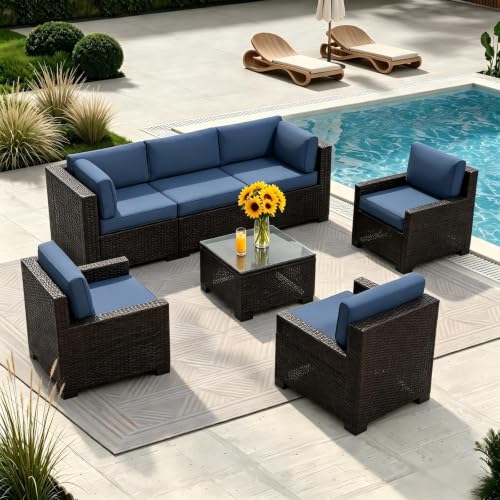 Image of 7 Piece Patio Furniture Set, Wicker Patio Conversation Sets, Outdoor Sectional Furniture with Tempered Glass Table, for Backyard, Deck, Garden, Dark Brown Rattan & Navy Blue Cushions