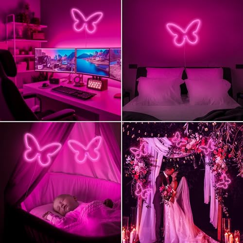 Image of Butterfly Neon Signs LED Light 3-AA Battery Powered, USB Operated Wall Neon Light Decor Butterfly Neon Wall Art for Bedroom Wedding Birthday Party Home Decor (Pink)