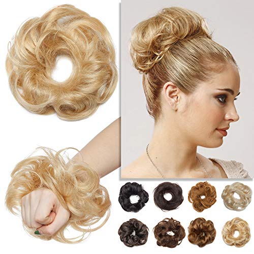 S-noilite Curly Messy Bun Hair Pieces Human Hair Scrunchies Wavy Updo for Wedding Women Kids Elegant Chignons Bleach Blonde(1pcs, 613 - Wave)