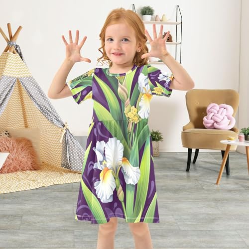 White Iris Flowers Green Leaves Purple Toddler Girls' Dresses Beach Shirt Dress Summer Outfits Children Dress 2t4