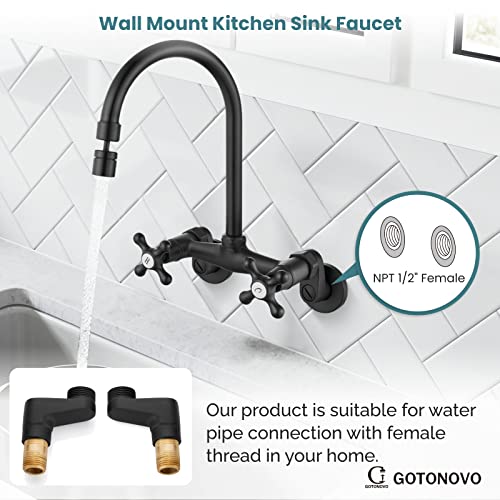 Matte Black Wall Mount Kitchen Sink Faucet 6 Inch Center Adjustable Hole Distance Mixer Tap 360 Degree Swivel Spout Double Cross Handle #TOP2