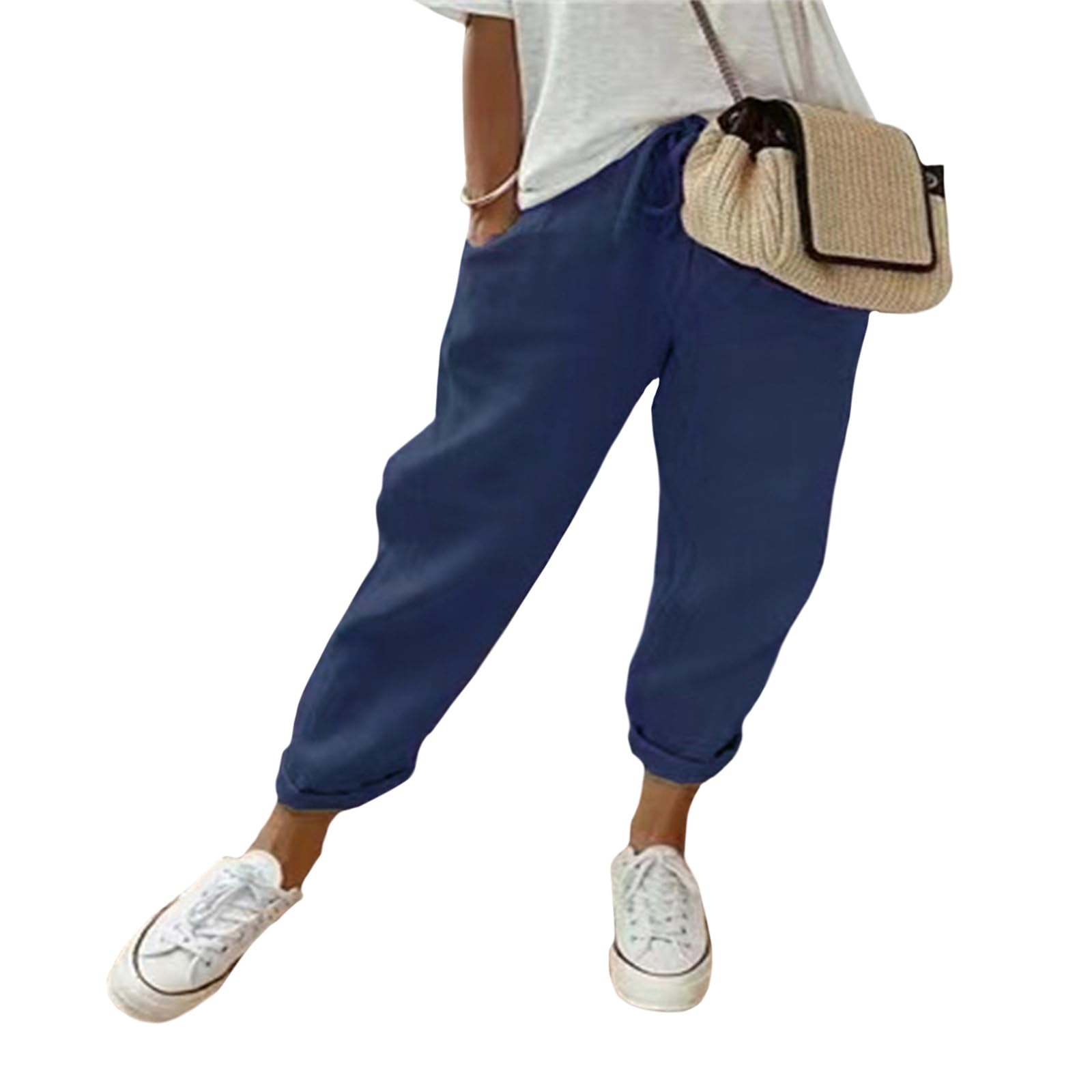 Womens Elastic Waist Straight Leg Loose Pants Summer Casual Cotton Pants High Waisted Trousers with Pockets for Women