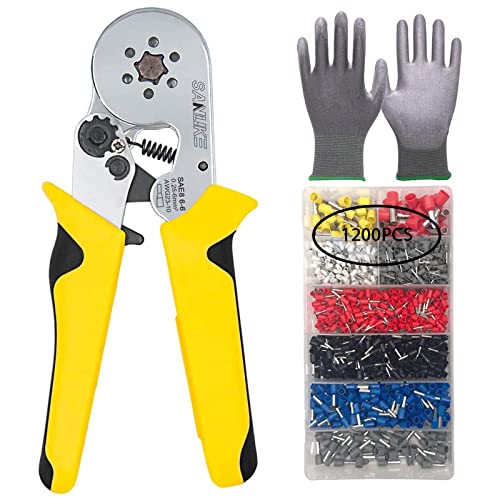Sanuke Ferrule Crimping Tool Kit, Hexagonal Ferrule Crimper Self-Adjustable Ratchet Wire Crimper Plier with 1200PCS Ferrule Connectors Kit and 1 Pair of Gloves, AWG 23-10