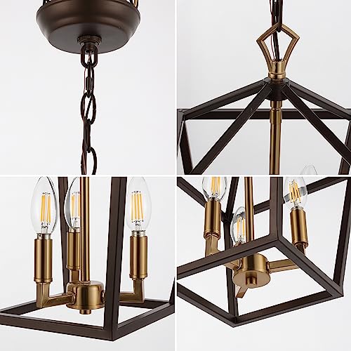 Image of JONATHAN Y Ojai Pagoda Pendant Lantern 10 inch, Oil Rubbed Bronze /Brass Gold | 3-Light, Metal Frame Construction, LED Bulbs Included, Adjustable Chain, Classic Farmhouse Chandelier, Entry Foyer Decor