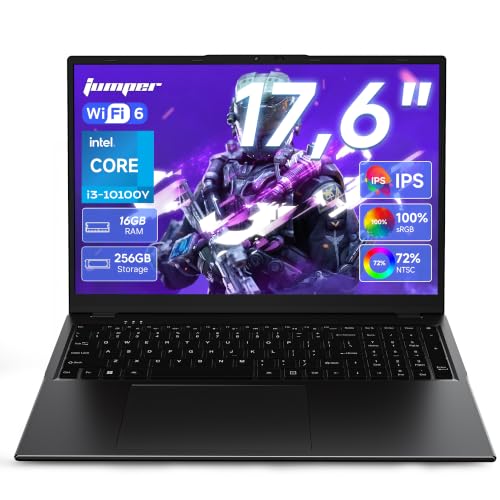 Image of jumper 17.6" Laptop, i3-10100Y CPU, 16GB RAM 256 SSD, 100% sRGB FHD Display | Backlit Keyboard, Full-featured Type-C, 2 RAM channels, WiFi-6,7000mAh, Fast-Charging, HDMI, Windows 11 Laptops, Carbon Black