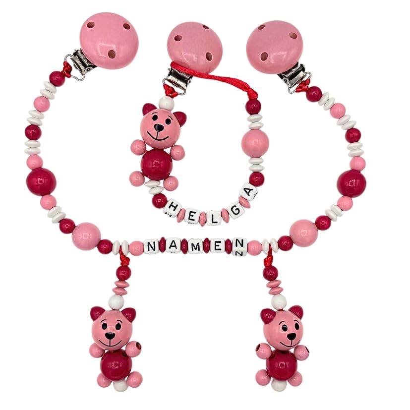 Set Nuckelkette + Kinderwagenkette mit Namen " 3D - BÄR/TEDDYBÄR " Babyrosa Dunkelpink Weiß/Baby/Unisex/Personalisiert/HANDMADE