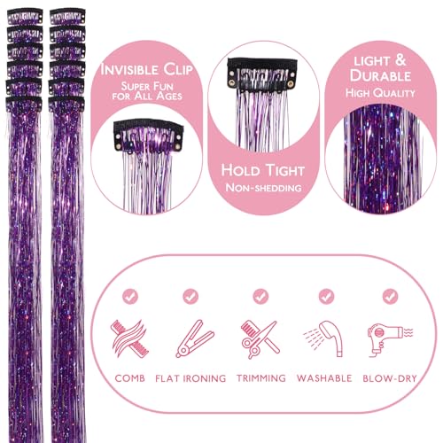 Image of WENNALIFE Hair Tinsel kit for Girls, Clip in Purple, 12PCS 24 Inch Hair Accessories for Women Clip in Colorful Glitter Tinsel Hair Fairy Girls Hair Accessories for Kids