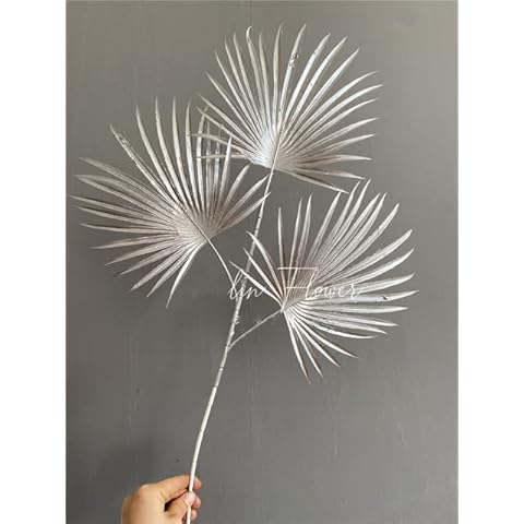 HJLIKE Artificial Flower Palm 3 Heads Fan Leaf Green Plants Wedding Flower Arrangement Color Leaf Table Home Decor Photo Props-Silver Cover