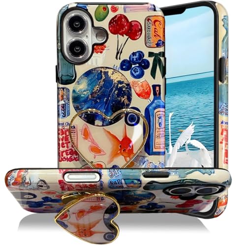 Cute Case for iPhone 16 Plus, European Collage Phone Case with Heart Printing Holder Kickstand, Hybrid 2-Layer Soft Hard Shell, Scratch Resistant Shockproof Protective Cover for Girls Boys Women Men