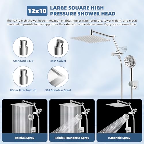 Image of 12 inch Metal Rain Shower Head with Handheld, High-Pressure Showerhead,10-Mode | Chrome, Rainfall Shower Head with 5 inch Large Handheld Spray, Adjustable 16 inch Shower Extension Arm /71 inch Hose, Brass 3-Way Diverter