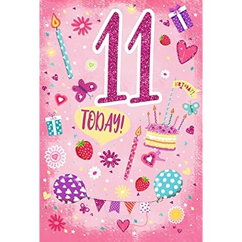 Age 11 Girl Birthday Card - 11th Birthday Balloons Big Glitter Number 7.75x5.25" Cover