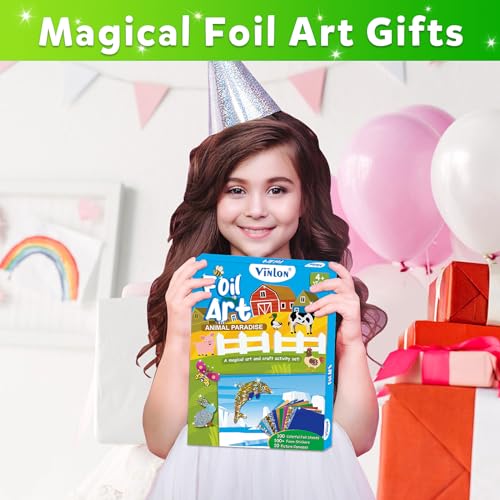 Vinlon Foil Art Kit for Kids - Foil Fun Arts and Crafts, Mess Free Kids Travel Activities Toys, DIY Craft Supplies, Easter Basket Stuffers Gifts for Boys and Girls Ages 4 5 6 7 8 9 10 Years Old