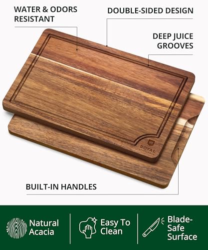 ROYAL CRAFT WOOD Acacia Wood Cutting Boards Set of 3 β Premium Wooden Cutting Boards for Kitchen Meal Prep & Serving - Charcuterie & Chopping Butcher Block for Meat with Deep Juice Groove Side Handles - Image 3