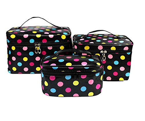 HOYOFO 3Pcs Makeup Bags for Women Polka Dot Travel Cosmetics and Toiletry Storage Bag with Brush Holders (3 Sizes/Set: S, M, L), Colored Dot