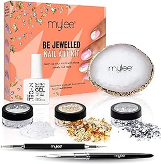 Mylee Be Jewelled Nail Art Kit, Clear Builder Gel, Dotting Tool, Nail Art Brush, Mixing Palette, Assorted Pearls, Assorted Gems, Gold Leaf, For Use on Natural Nails, Acrylic Nails, False Nails & Tips