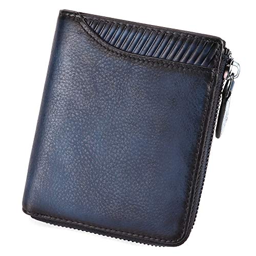 IVTG Genuine Leather Bifold Wallets Vintage Handmade Zip Around Card Organizer (NavyBlue)