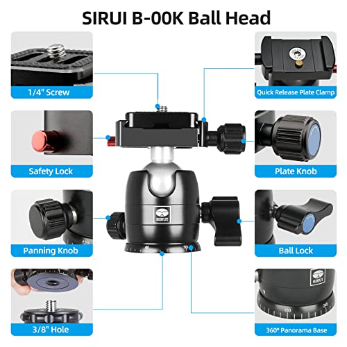 Sirui Carbon Fiber Tripod With B-00K Panoramic Ball Head, 59.8” Compact Lightweight Travel Tripod, Quick Release Reverse Folding Legs, Reversible Center Column, Max Load 22Lbs - Traveler X-I #TOP5