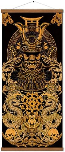 Warrior’s Dreams Canvas Wall Art Print Poster Armored Helmet Samurai spirit with Scroll Wood Framed Ready to Hanger Home Karate Hall Sushi Restaurant Decor 16”x35”